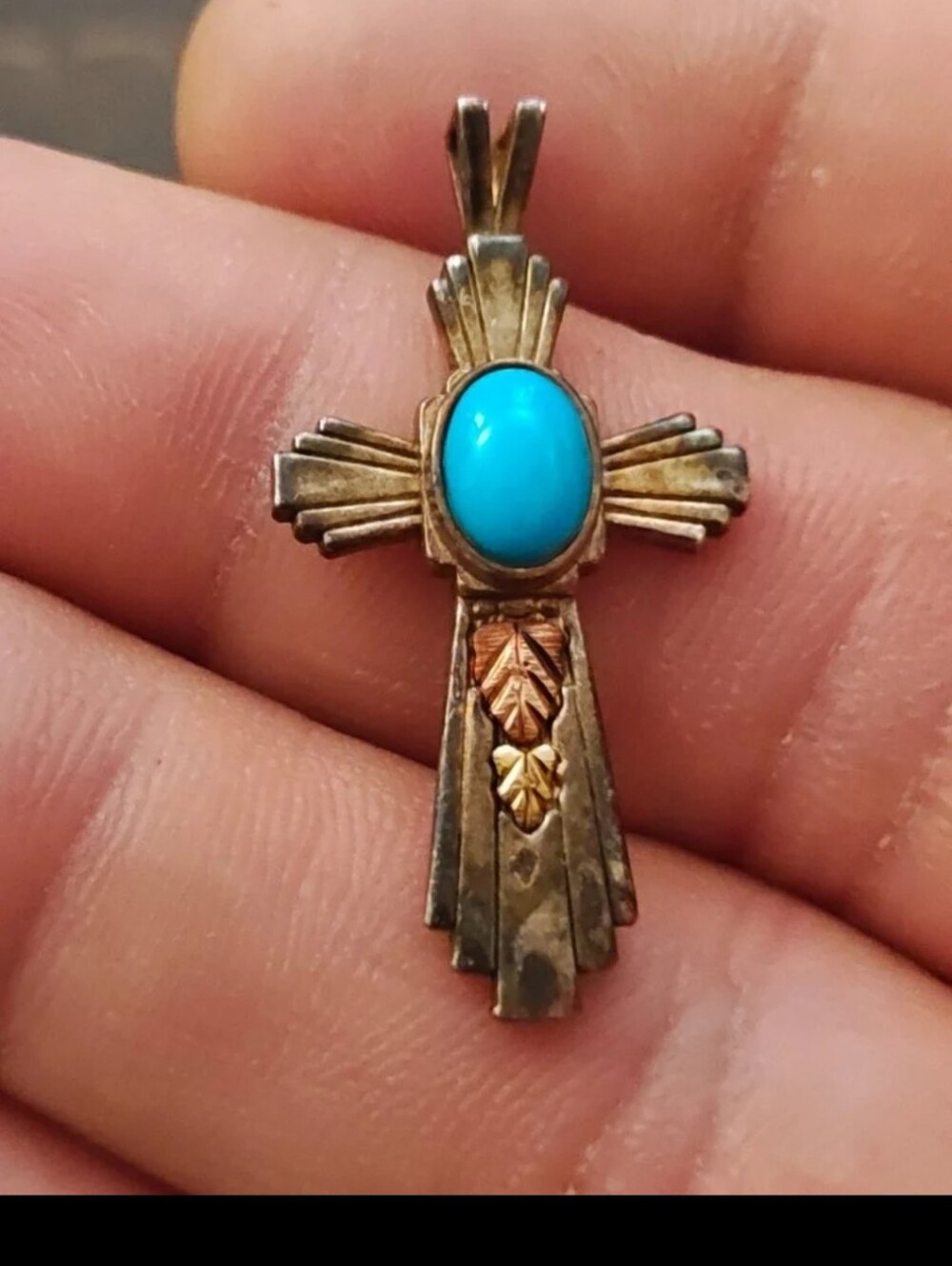 80s Coleman Co. Black Hills 12 Kt Gold & Sterling Silver Turquoise Cross Pendant